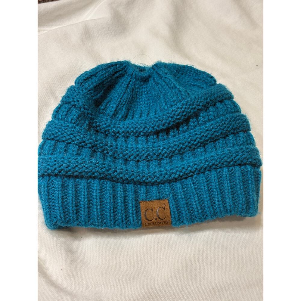 CC Knit Hat with Messy Bun/Ponytail Opening-Teal